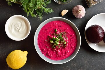 Beet cream soup with yogurt, cucumbers and dill