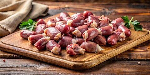 Wall Mural - Close-up shot of fresh chicken hearts on a wooden cutting board , raw, food, meat, organ, poultry, ingredient, cooking, preparation