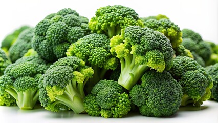 Sticker - Close-up shot of fresh broccoli florets on a white background, broccoli, vegetable, food, green, healthy, organic, raw