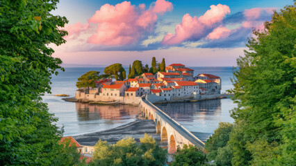 Wall Mural - A bridge over a small island with houses on it, AI