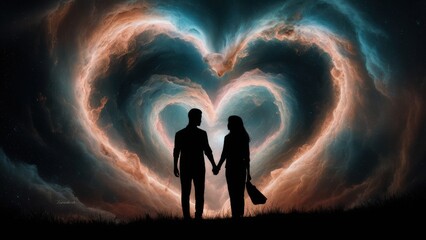 Canvas Print - A couple holding hands in a heart shaped cloud of light, AI