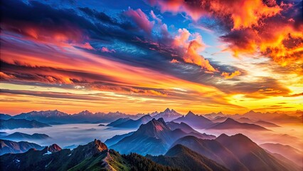 Poster - Breathtaking sunset over majestic mountain range with sky transition from blue to orange and pink hues, sunset, mountain range