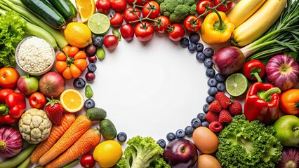 Poster - Circle diagram of various healthy fruits and vegetables in a nutrition diet concept, vegetarian, food, health, vitamins