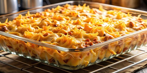 Canvas Print - Close-up of cheesy noodle casserole baking in the oven, noodle, cheese, casserole, baking, close-up, food, homemade