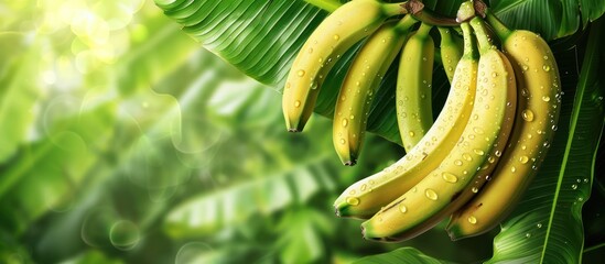 Wall Mural - Fresh Yellow Bananas on Lush Green Leaves