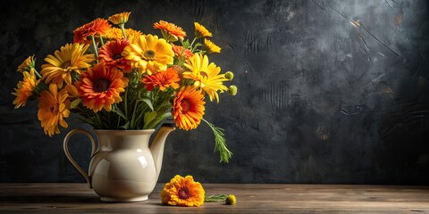 Canvas Print - Bouquet of yellow and orange flowers in jug on dark background, bouquet, yellow, orange, flowers, jug