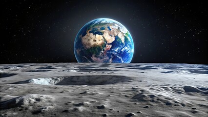 Wall Mural - Breathtaking view of Earth rising over the lunar surface from moon perspective, earth, moon, space, universe, planet, lunar, surface