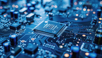 Closeup of a computer chip on a motherboard displaying electronic engineering and hardware