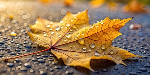 Poster - Close-up view of a fallen maple autumn yellow leaf covered in raindrops , fall, maple, autumn, yellow, leaf, fallen, raindrops