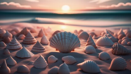 Sticker - A group of shells are scattered on the beach at sunset, AI