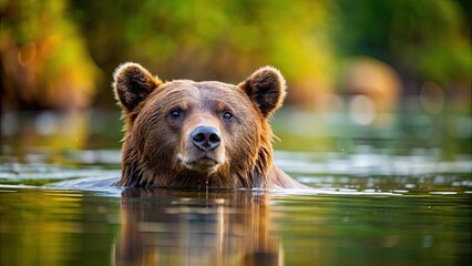 Sticker - Brown bear swimming in a tranquil river, wildlife, nature, animal, mammal, water, swimming, bear, fur, brown