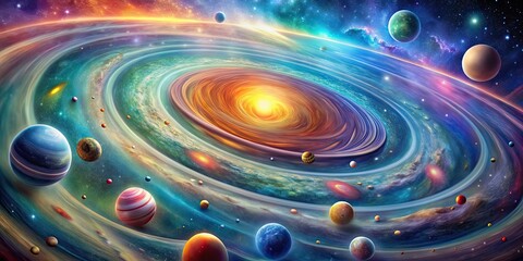 Wall Mural - colorful cosmic spiral with planets in vivid galactic swirl, galaxy, cosmic, spiral, colorful, plane
