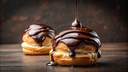 Poster - Closeup of drizzling chocolate icing on top of a cream puff, chocolate, icing, dessert, sweet, pastry, delicious