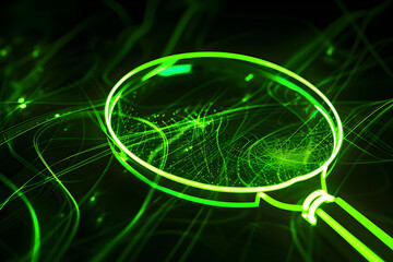 Wall Mural - Neon magnifying glass illustration isotated on black background.