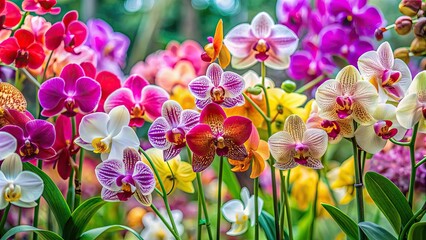 Sticker - Beautiful variety of orchids in full bloom, orchids, flowers, petals, colorful, vibrant, exotic, tropical, nature, garden