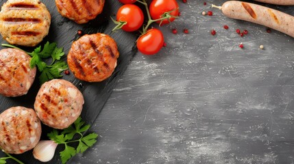 Wall Mural - Four cooked ground beef patties with a hamburger bun, rosemary sprigs, garlic cloves, and salt and pepper on a black slate