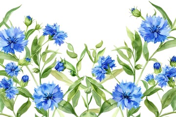 Wall Mural - Watercolor Blue cornflower border, wildflower isolated illustration.