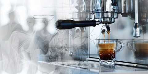 Wall Mural - Sketch of an espresso machine pouring fresh black coffee into a glass coffee cup, with a blurred cafe in the background.