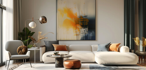 Wall Mural - A stylish living room with sleek furniture, minimalist decor, and a large abstract painting on the wall.