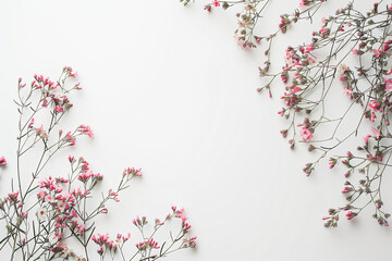 Poster - Pink wild flowers on a white background, in a flat lay, top view, space for text