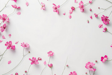 Wall Mural - Pink wild flowers on a white background, in a flat lay, top view, space for text