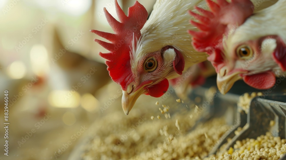 Broilers as they eat pellets from a feeder Systematic feeding process ...