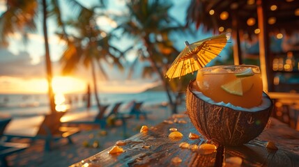 Wall Mural - Tropical beach cocktail at sunset - generative ai