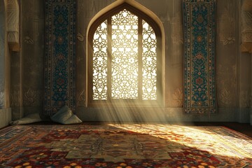 Fototapete - Sunlit ornate window A 3D background demonstrating the essence of Ramadan Mubarak with the incorporation of prayer rugs