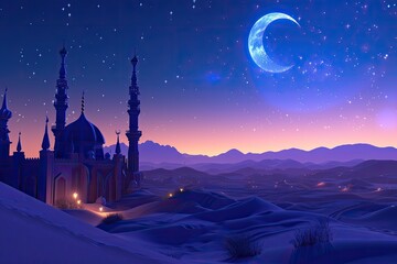 Poster - Sunlit ornate window A 3D background featuring a moonlit desert landscape during Ramadan Mubarak