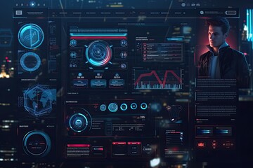 Fototapete - Futuristic digital interface glowing blue circuits A bold and futuristic web template for a technology news portal