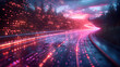 © nattapon - A futuristic digital landscape with glowing lights and a vibrant pathway set against a twilight sky, blending nature and technology.