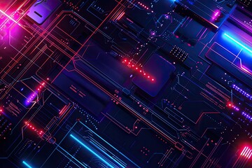 Fototapete - Futuristic glowing circuit board A futuristic abstract background with metallic and neon elements