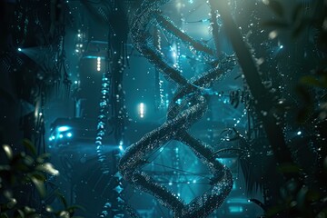 Poster - Futuristic lab glowing DNA strand observing scientist A futuristic bioengineering scene with DNA manipulation