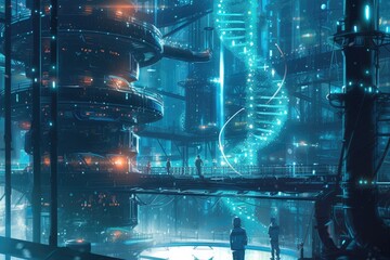 Poster - Futuristic lab glowing DNA strand observing scientist A futuristic bioengineering scene with DNA manipulation