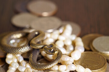 Wall Mural - A snake statuette with coins and jewelry.