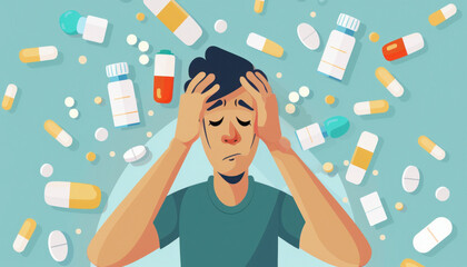 A man feeling unwell due to a headache is encircled by various pills and bottles