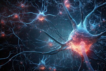 Poster - Complex neural network glowing synapses A journey through the human brain exploring its complex network of neurons in 3D