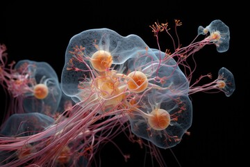 Poster - Complex neural network glowing synapses A journey through the human brain exploring its complex network of neurons in 3D