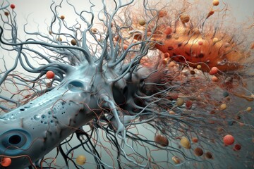 Poster - Complex neural network glowing synapses A journey through the human brain exploring its complex network of neurons in 3D