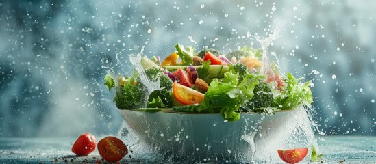 Fresh Vegetable Salad with Splashing Water Droplets in a Bowl on a Blue Background