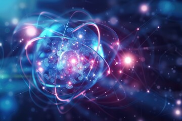 Fototapete - Glowing abstract atomic structure An illustration of subatomic particles interacting