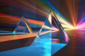 Poster - Glowing prismatic triangular prisms An illustration of the laws of reflection and refraction in optics