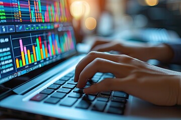 Leinwandbilder - Busy hands on a laptop with financial charts Close-up of hands typing on a keyboard multiple data graphs on the screen