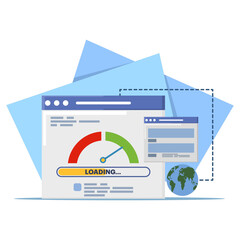 pc load time speedometer software tool concept for download score. Website internet page loading speed or seo optimization laptop computer website performance test check flat vector icon.