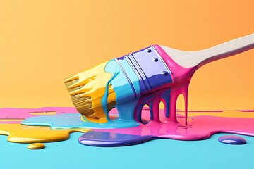 Leinwandbilder - Colorful dripping paintbrush Glossy 3D paintbrush sign for artistic concepts