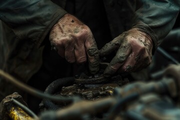 Poster - Greasy hands working on machinery Grease-stained hands meticulously tuning an engine the heart of a machine brought back to life
