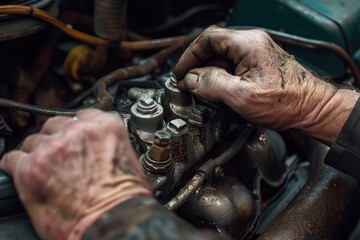 Poster - Greasy hands working on machinery Grease-stained hands meticulously tuning an engine the heart of a machine brought back to life