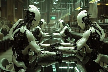 Leinwandbilder - Metallic industrial robots in factory Robotic arms working together in a factory assembly line