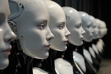 Aufkleber - Futuristic robotic mannequin heads Synthetic humans co-existing with real humans in a futuristic society