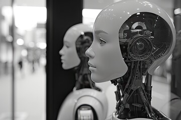 Aufkleber - Futuristic robotic mannequin heads Synthetic humans co-existing with real humans in a futuristic society